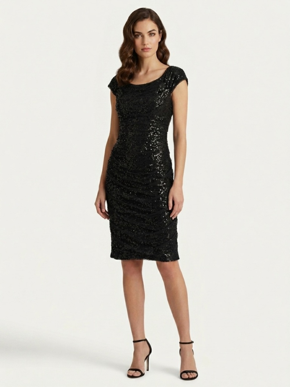 Lauren Ralph Lauren Evening Black Sequin Ruched Mesh Cocktail Dress Size 8